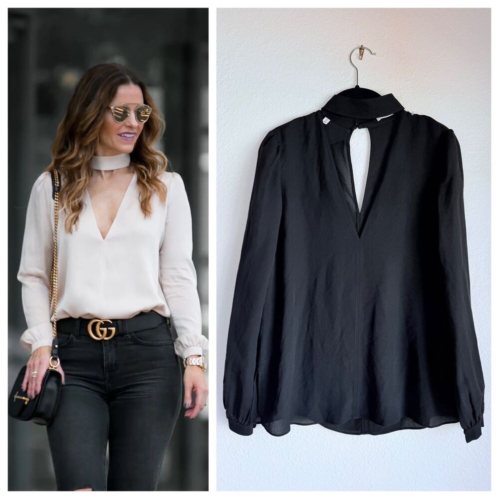 NWOT A.L.C. Liza 100% Silk Choker Neck Long Sleeve Blouse in Black Size 2